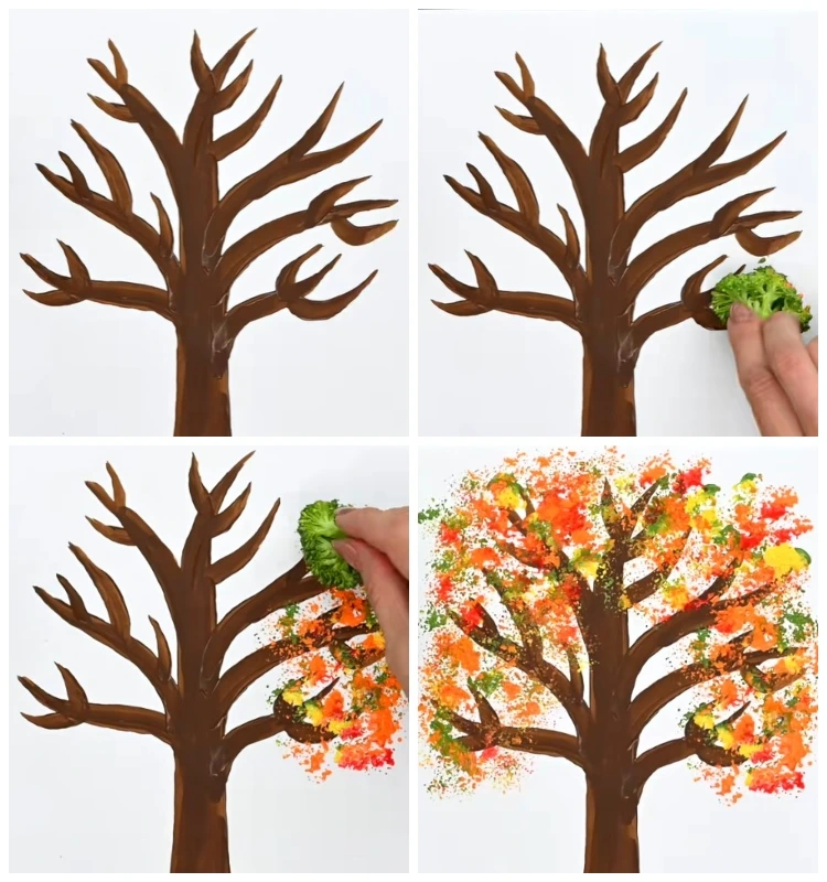 herbstbaum stempeln mit brokkoli