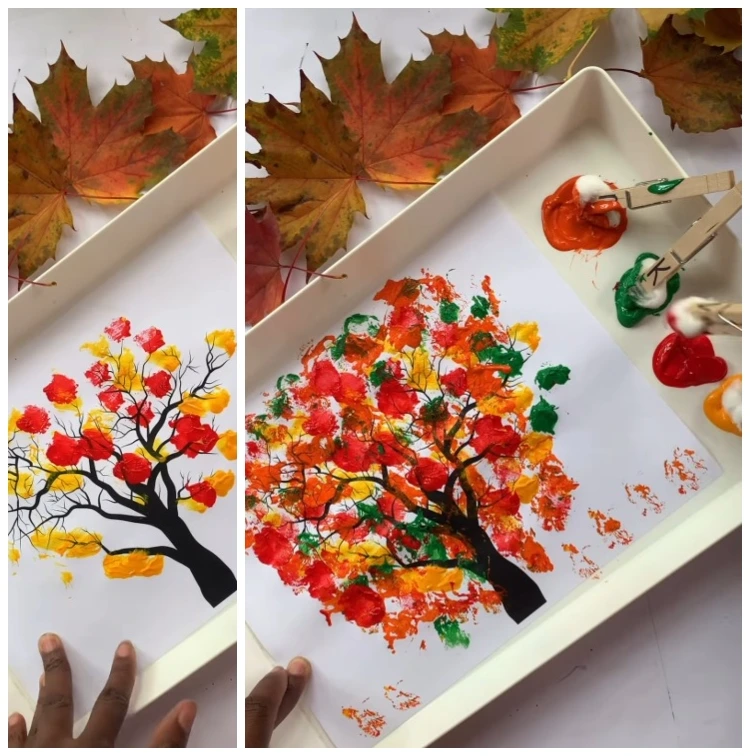 herbstbaum stempeln mit watte und wäscheklammern