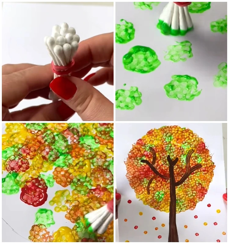 herbstbaum stempeln mit wattestäbchen