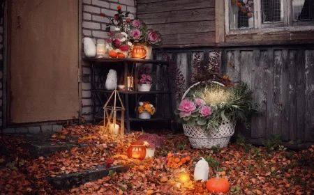 herbstliche eingangsdeko mit kürbissen, kerzen und blumenarrangements