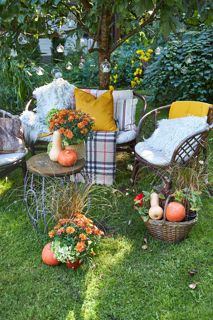 herbstliche sitzgruppe unter dem baum mit glaskugeln und kürbissen