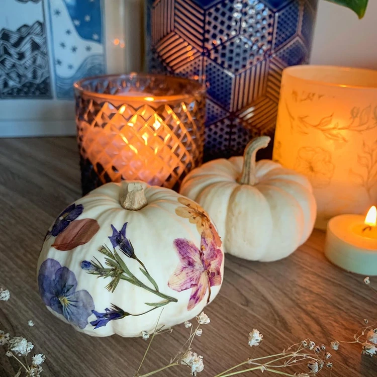 Herbstliche Tischdeko selber machen mit Blüten und einem Zierkürbis