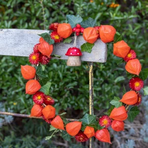 herbstlicher kranz in orange aus lampionblumen mit dekorativem pilz