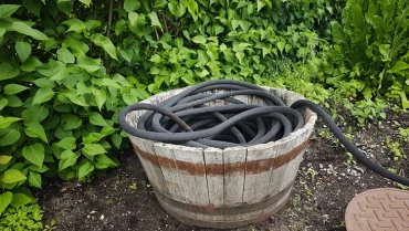 Ideen zur Aufbewahrung des Gartenschlauchs mit Holzkübel