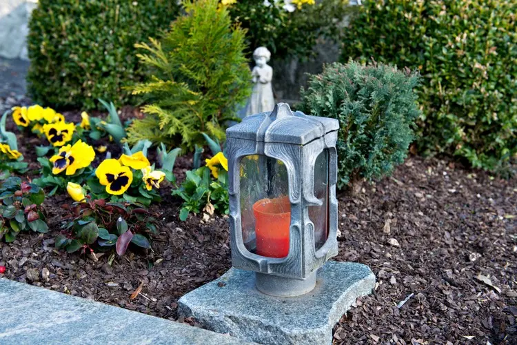 Immergrüne Sträucher, Blumen und Laterne mit Kerze auf einem Grab