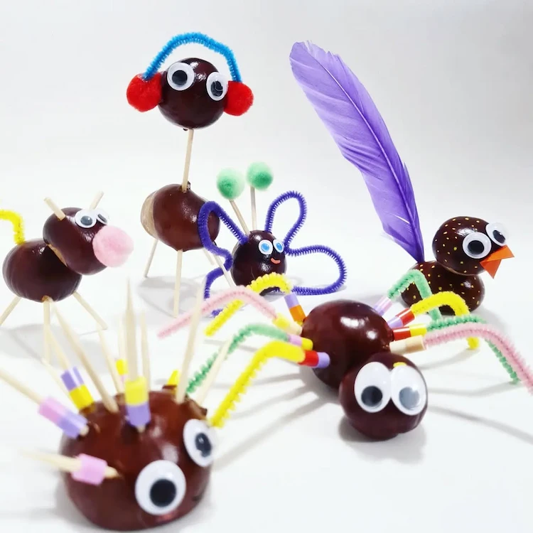 Kastanientiere bunt gestalten mit Zahnstochern und Perlen dekorieren