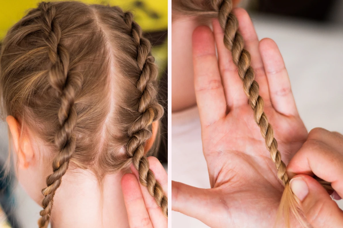 kind mit zwei geflochtenen kordelzöpfen am hinterkopf – schritt für schritt anleitung