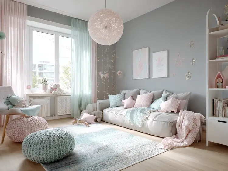Kinderzimmer grau streichen und mit Textilien in Rosa und Mint kombinieren
