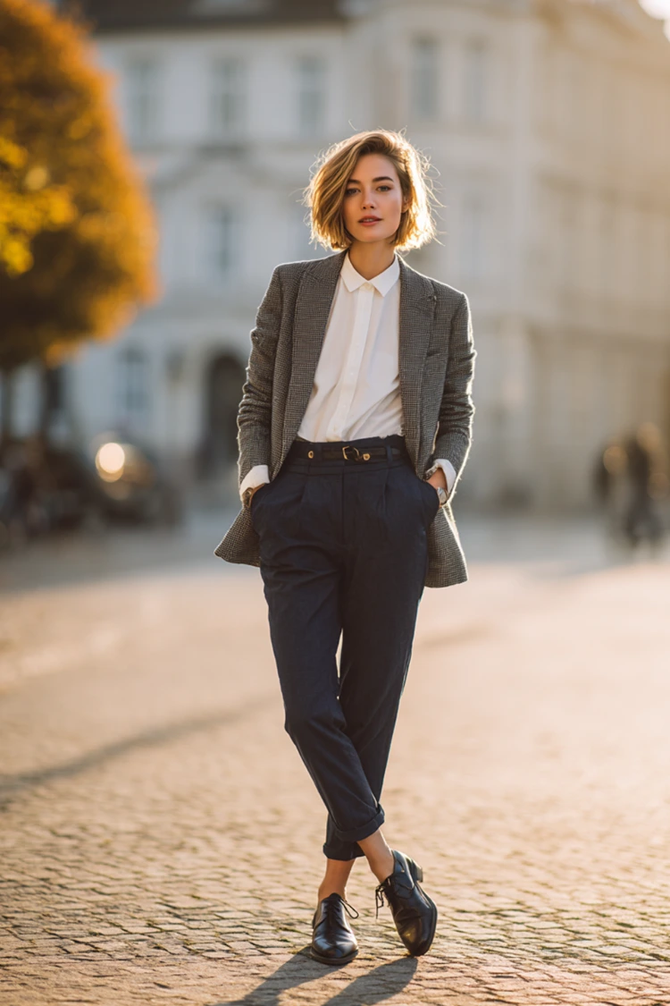 klassisch chic navy hose, blazer und schwarze oxfords im streetstyle