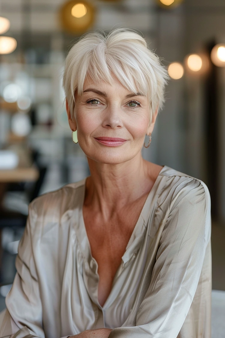 klassischer weißblonder pixie cut mit sanften stufen