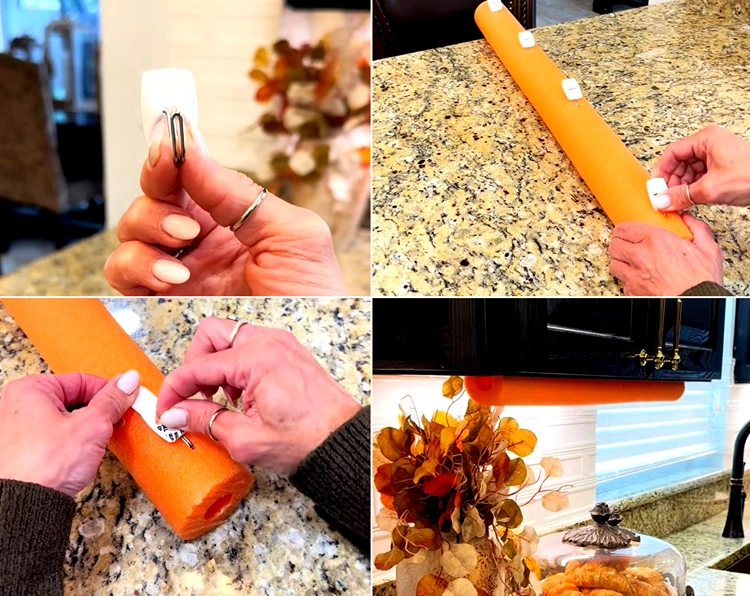 Klebehaken an der Schwimmnudel befestigen und unter Schränke kleben