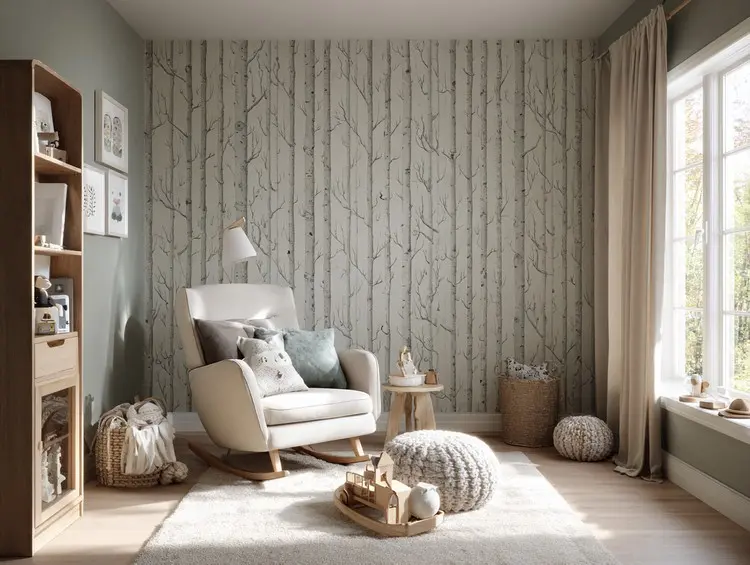 Kleines Kinderzimmer mit Schaukelstuhl zum Stillen in neutralen Farben wie Grau und Beige