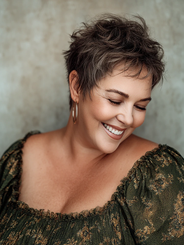 kurz geschnittener shaggy pixie für mollige frauen