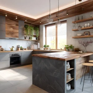 Lichtgestaltung in quadratischen Küchen - Spots für den Arbeitbereich, indirektes Licht fürs Ambiente und Pendelleuchten als Deko