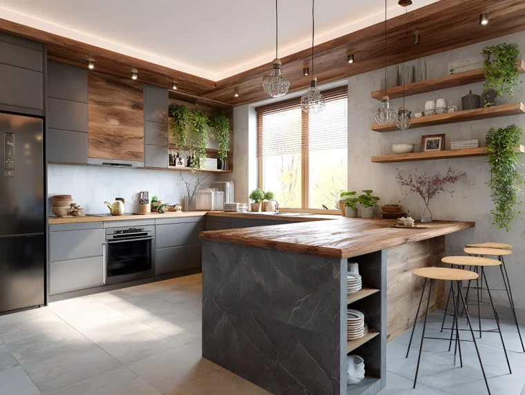 Lichtgestaltung in quadratischen Küchen - Spots für den Arbeitbereich, indirektes Licht fürs Ambiente und Pendelleuchten als Deko