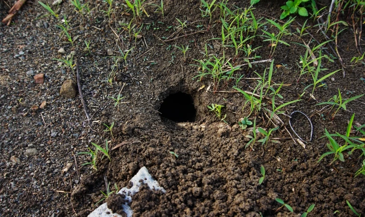mausloch, mausnest im boden, in form eines lochs