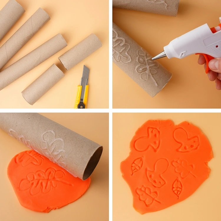 Mit Heißkleber Herbstmotive wie Blätter, Eicheln und Pilze zeichnen