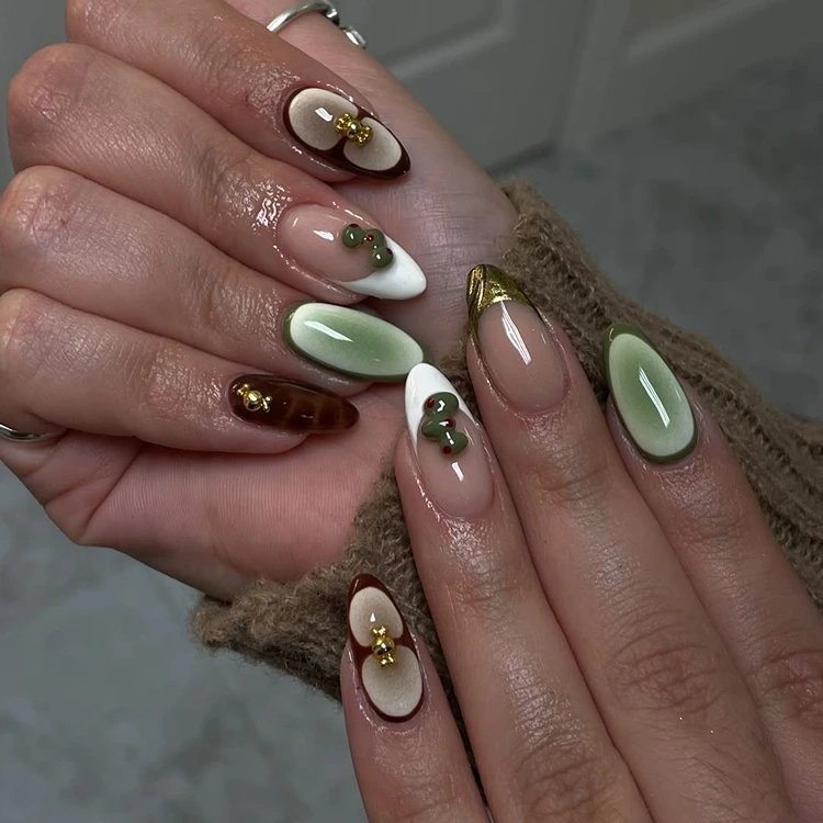 mix match olivegrüne nägel verspieltes design