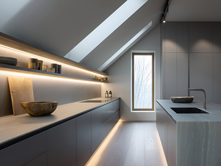 Moderne Kücheneinrichtung mit indirekter Beleuchtung