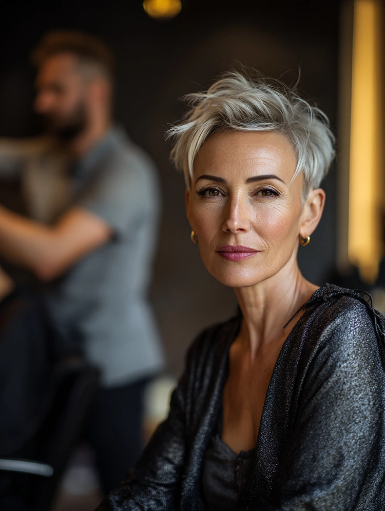 moderner silbergrauer shaggy pixie mit volumen am oberkopf