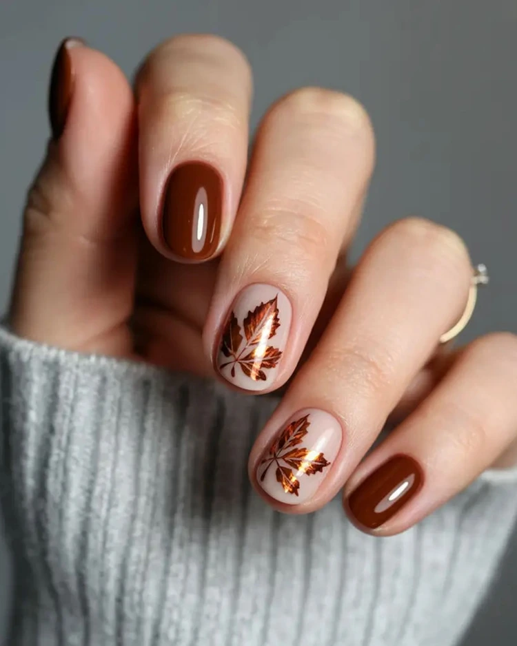 nageldsign mit schimmernden herbstblättern