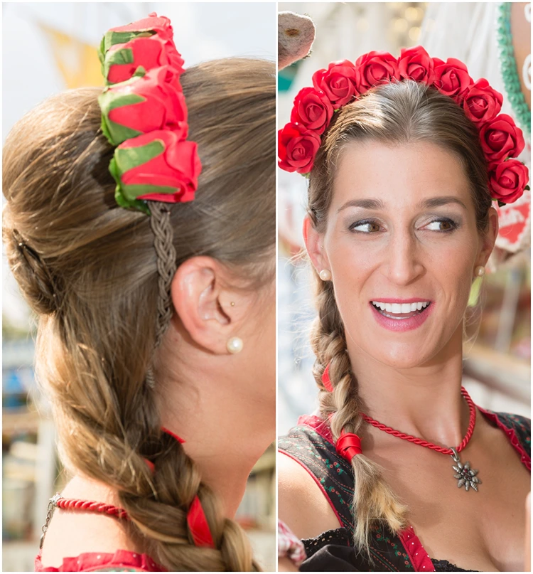 oktoberfest look mit geflochtenem zopf und rotem rosen haarreif