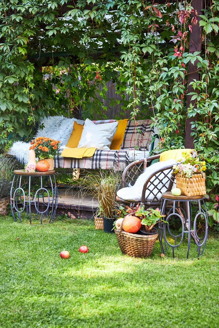 pergola sitzecke mit kissen, decken und kürbisdeko im herbstgarten