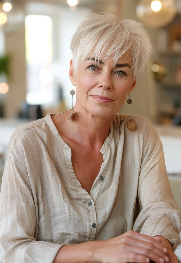 platinblonder pixie mit pony – eleganter look für frauen 60+