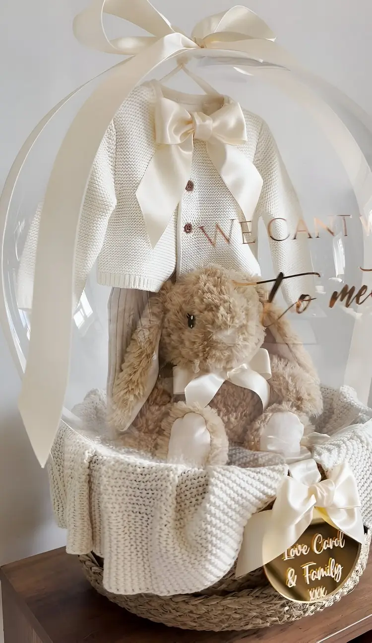 Plüschtier und Babykleidung für die Babyparty originell verpacken