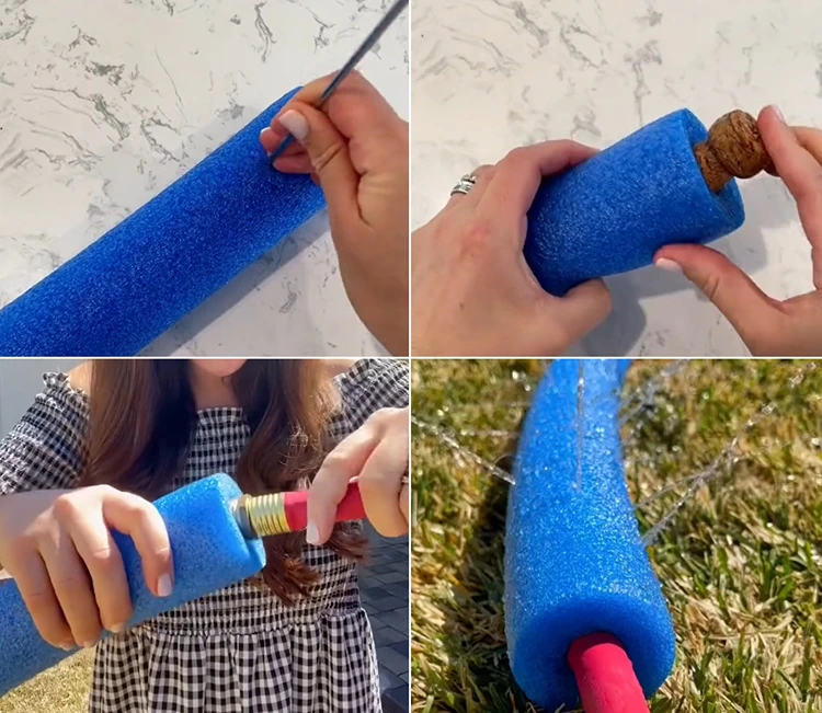 Poolnudel lochen, Öffnung verschließen und Gartenschlauch stecken für einen Sprinkler