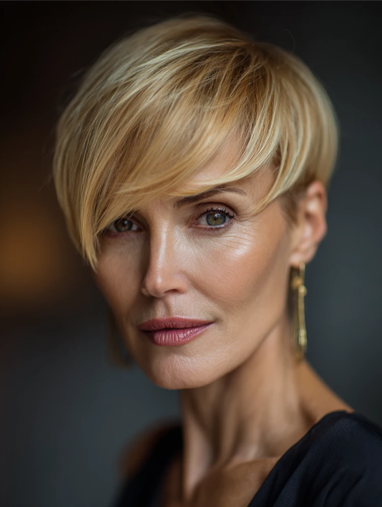 reife frau mit glattem pixie haarschnitt in honigblond