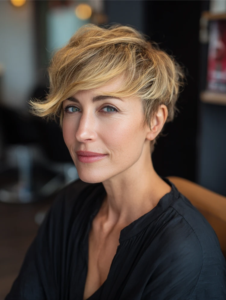 reife frau mit pixie haarschnitt in honey blonde farbe