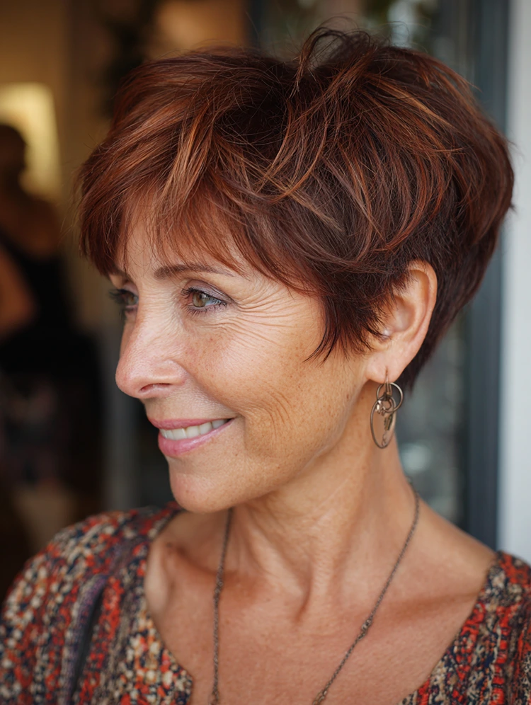 rötlich brauner shaggy pixie mit kurzem nacken