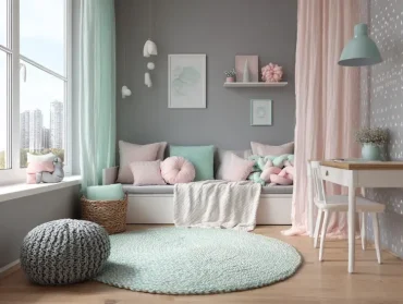 Romantische Gestaltung für Mädchenzimmer mit Rosa, Grau und Mint und gemusterter Wand