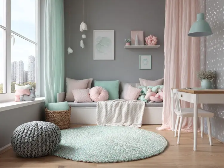 Romantische Gestaltung für Mädchenzimmer mit Rosa, Grau und Mint und gemusterter Wand