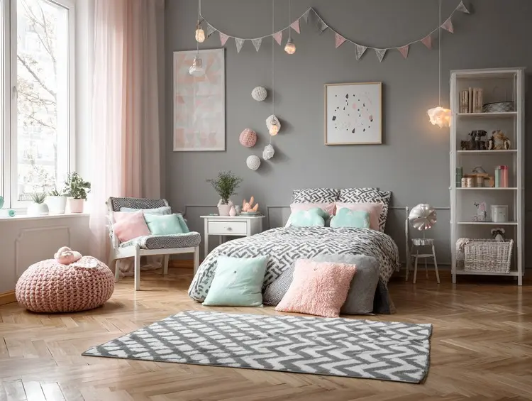 Rosa und grau ist für moderne Mädchenzimmer sehr beliebt
