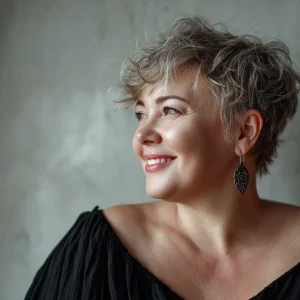 schöne mollige frau mit pixie haarschnitt