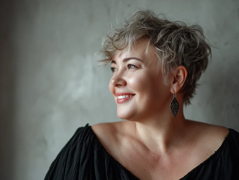 schöne mollige frau mit pixie haarschnitt