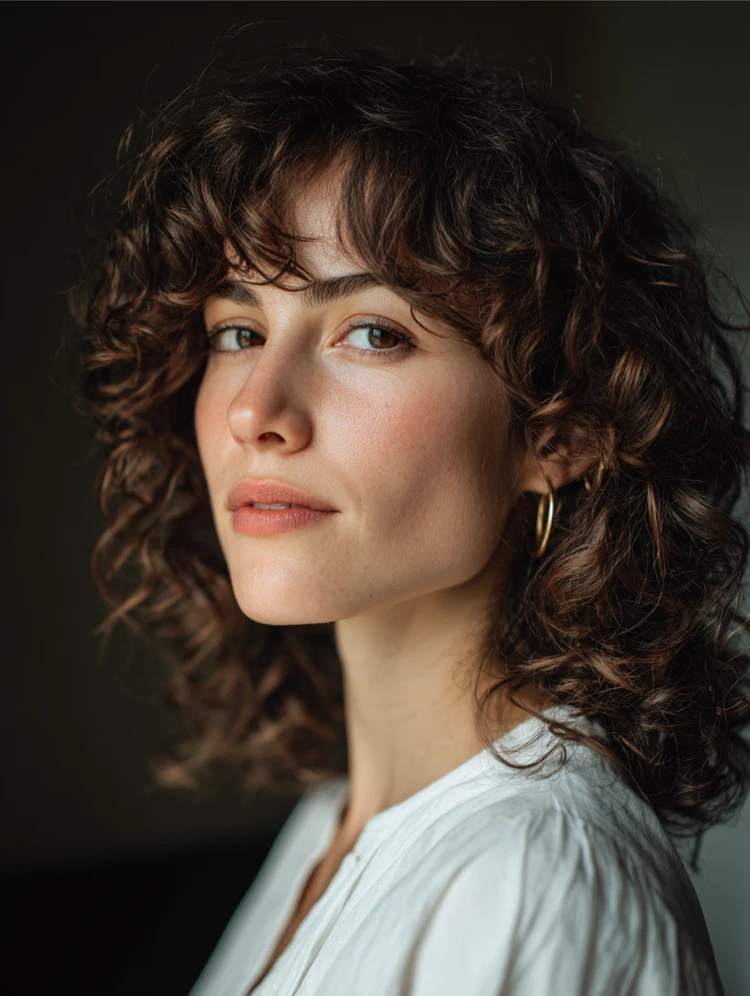 schulterlange lockige haare mit pony