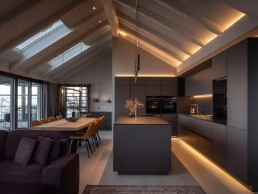 Schwarze, matte Küche mit eleganter Lichtatmosphäre durch LED-Licht und Pendelleuchten über der Kücheninsel