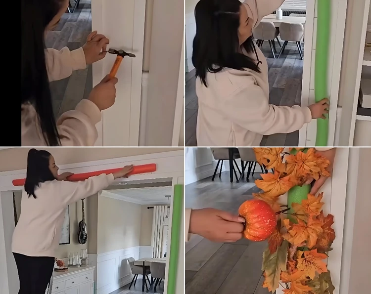 Schwimmnudel auf Nägel stecken und mit künstlichem Herbstlaub gestalten