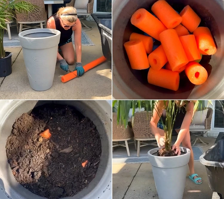 Schwimmnudel kleinschneiden und als Drainage in einem Kübel verteilen