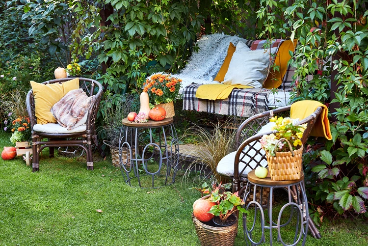 sitzecke im rasen mit decken, körben und kürbissen