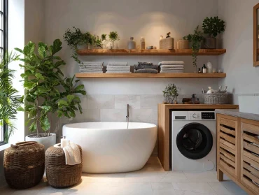 Skandinavisches Bad mit Regalen, freistehender Wanne und Spritzschutz für die Waschmaschine