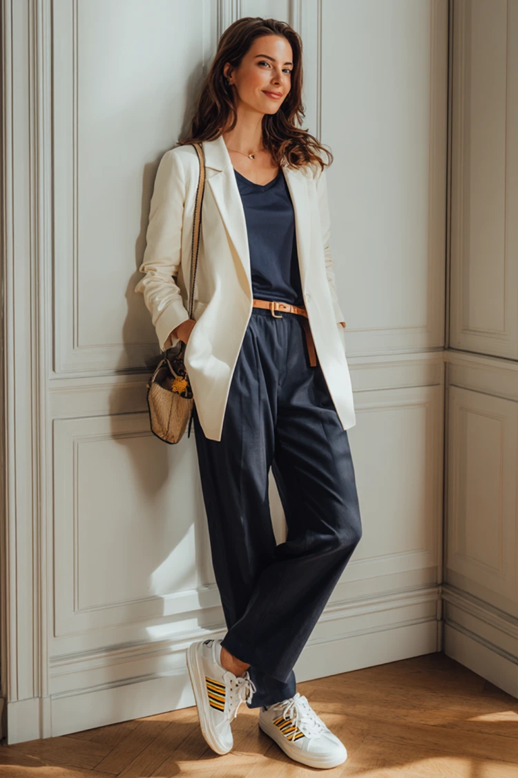 smart & modern weißer blazer zu navyblauer hose und sneakern mit streifen