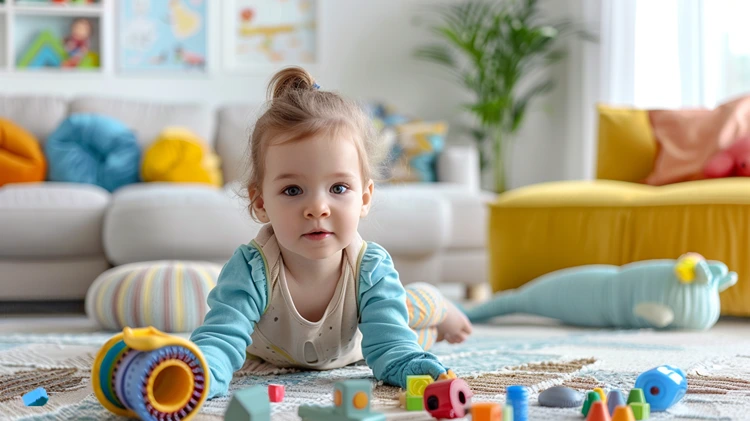 spielendes kleinkind im wohnzimmer – sauberkeit zwischen bauklötzen und teppich
