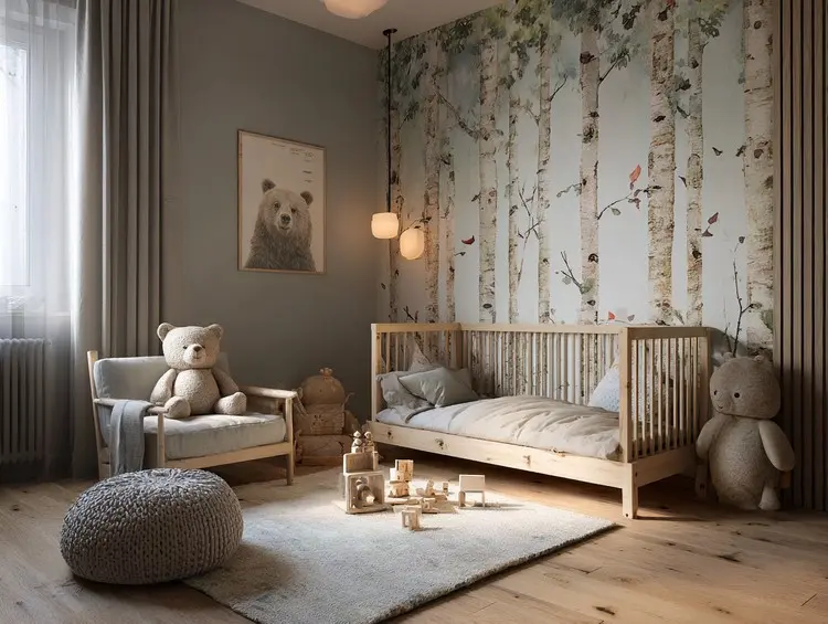 Tapete mit Bäumen und grauer Wand im skandinavischen Kinderzimmer