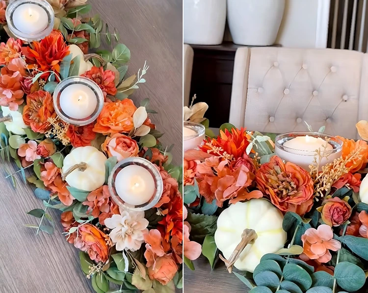 Tischdeko mit Poolnudeln als Basis - Künstliche Blumen, Zierkürbisse und Schwimmkerzen arrangieren