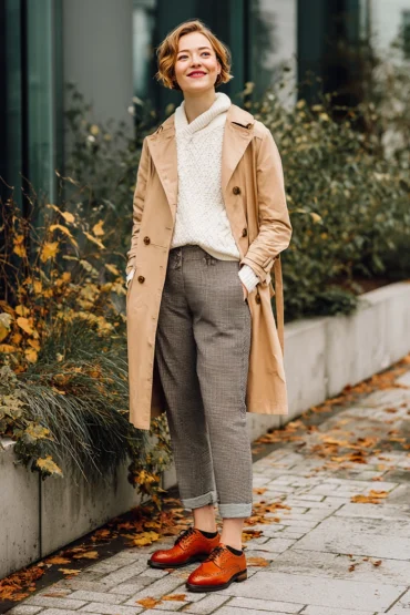trenchcoat trifft brogues herbstliches business outfit mit karohose