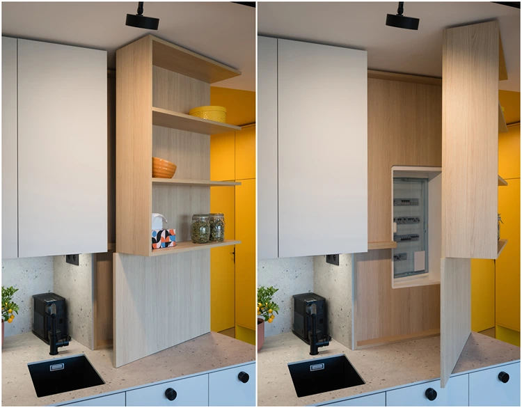 versteckter elektrokasten in küchenschrank integriert